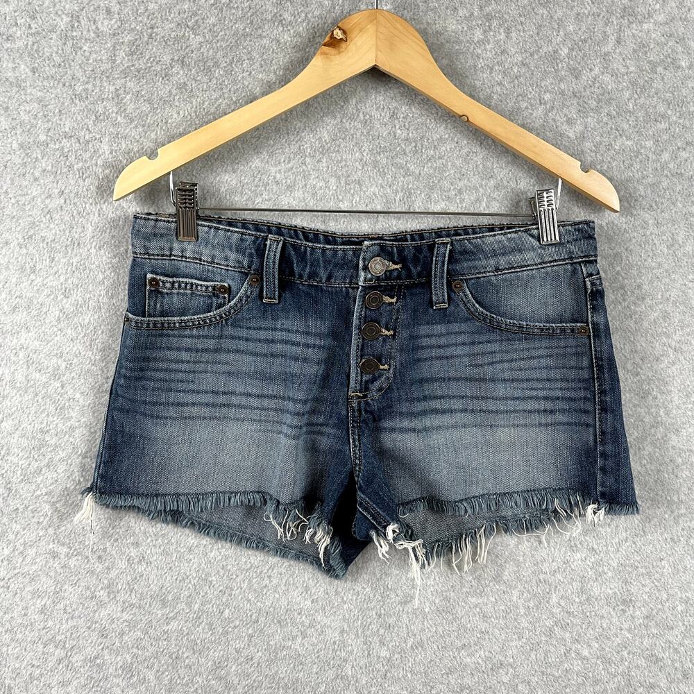 Lucky Brand The Cut Off Short Size 6 / 28 Dark Denim Button Fly Raw Hem Mid Rise